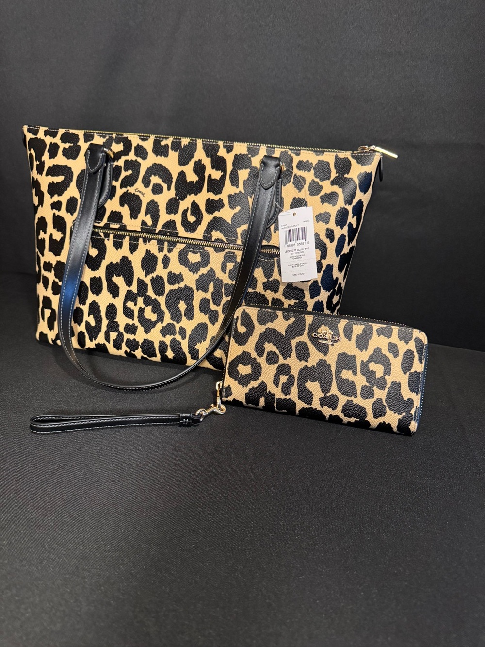 NWT Coach Leopard Print Shoulder Tote and Long Zip Wallet - Black & Tan